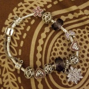 Pandora silver plated w/purple charms bracelet